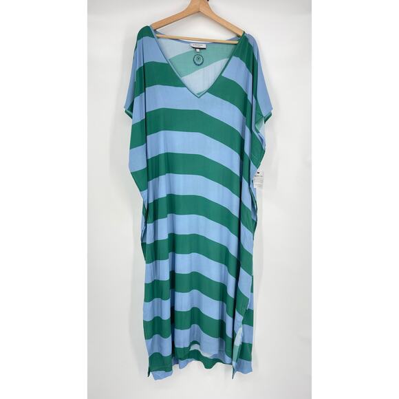 Haremlique a la Mer | Oblique Blue Green Evil Eye Striped Kaftan Maxi Coverup M - Picture 2 of 14